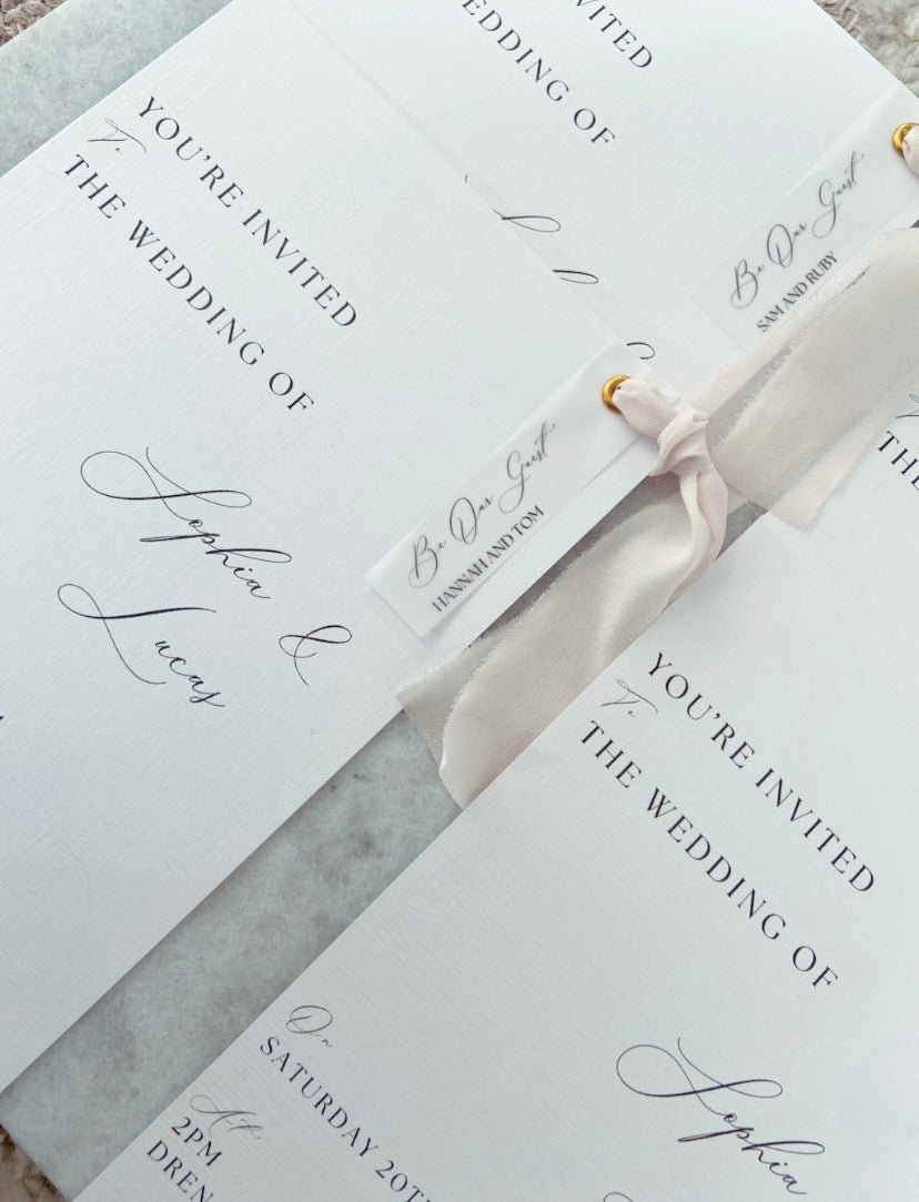 Wedding Invitation with Vellum Guest Name and Ribbon Tie