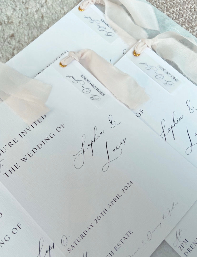 Wedding Invitation with Vellum Guest Name and Ribbon Tie